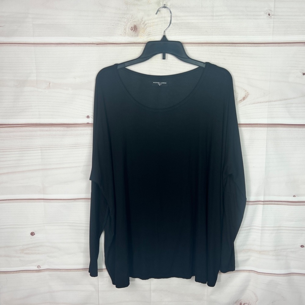 Michael Lauren Top Womens Medium Black Ribbed Knit T-Shirt Knit Stretch Solid